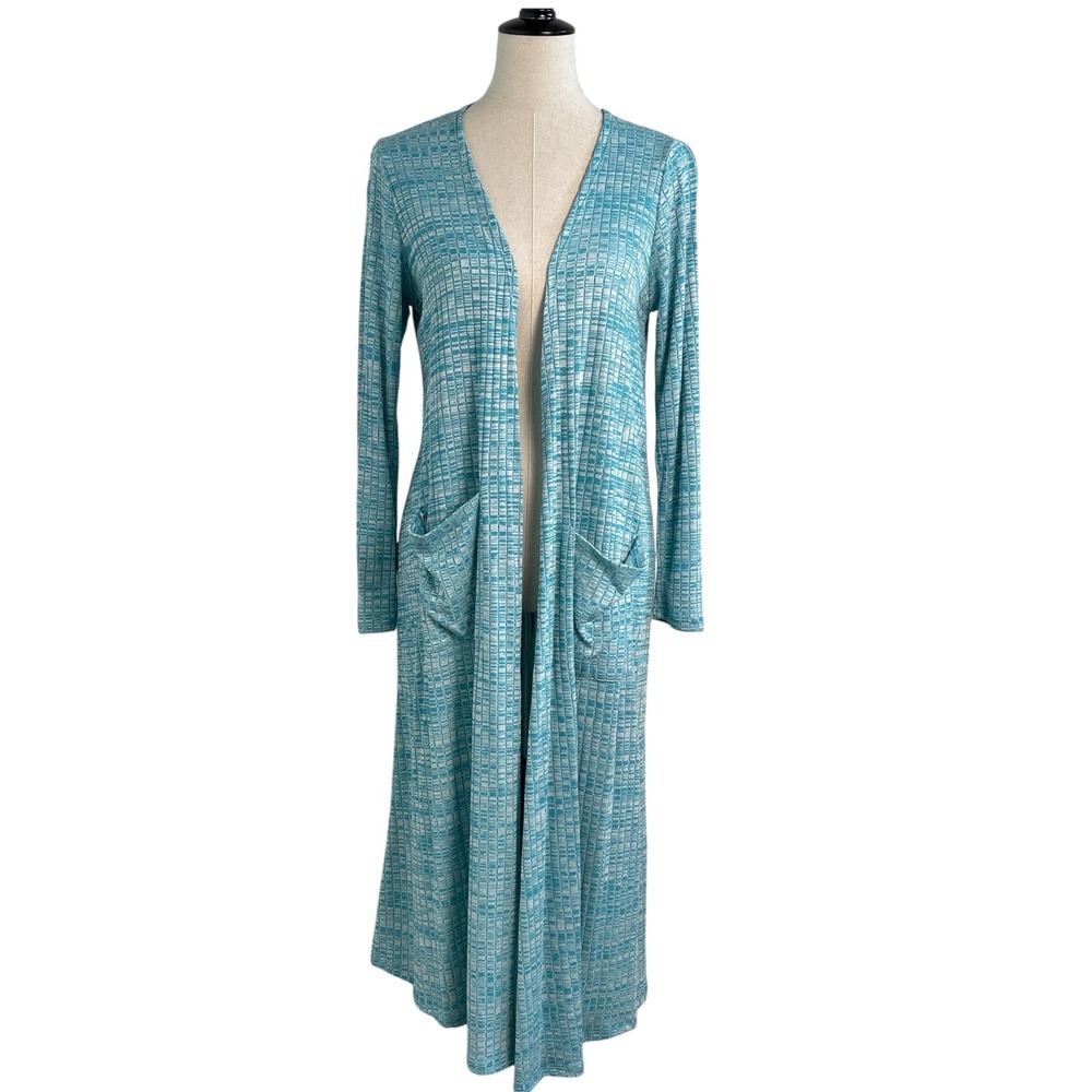 LuLaRoe Sarah Duster Cardigan Womens Medium Teal Blue Grid Ribbed Knit Pockets